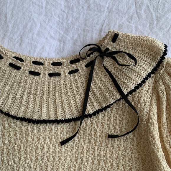 Doen Glenda Pima Cotton Ribbon Bow Short Sleeve Knit Sweater Top Cream Black - Picture 9 of 12